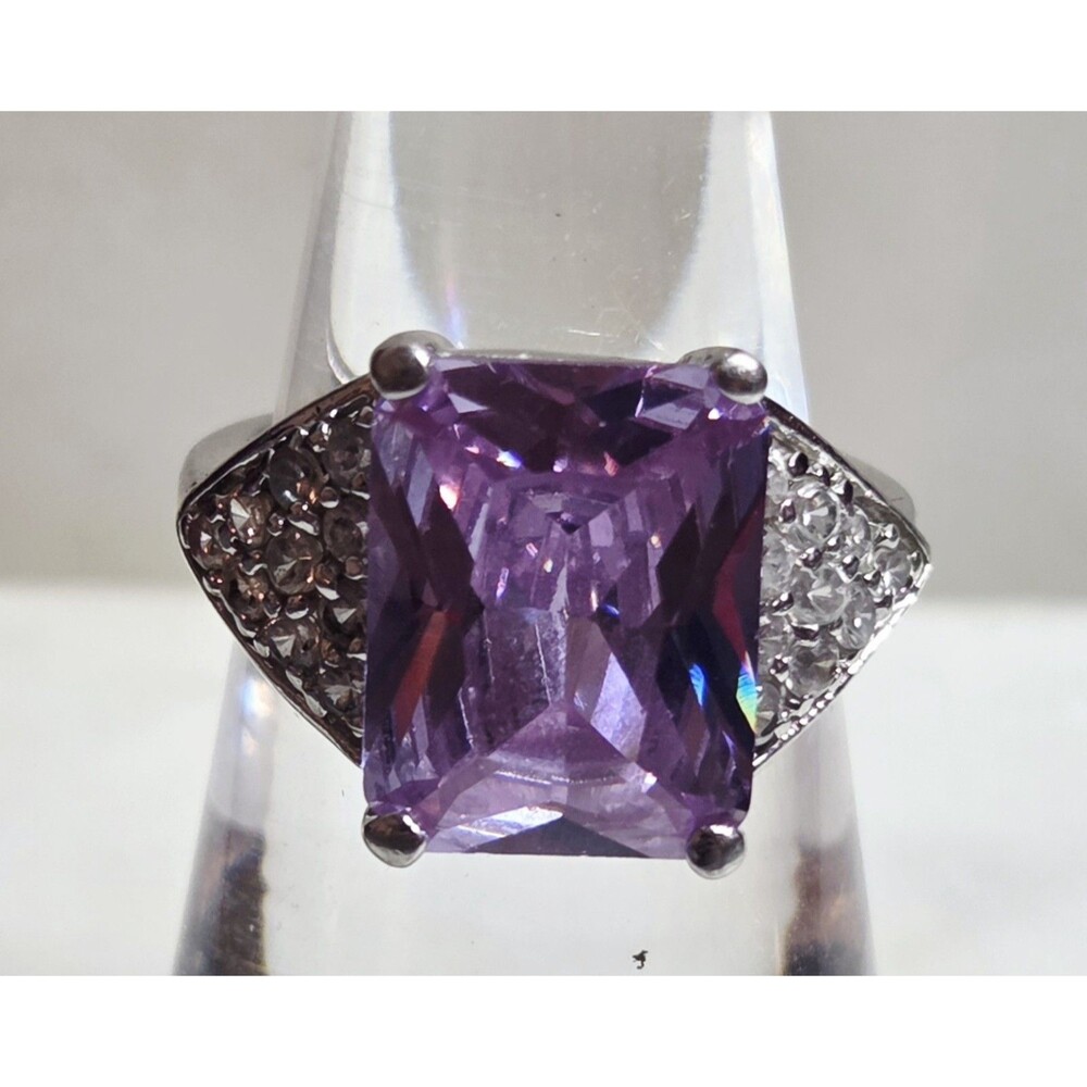 Silvertone Amethyst Ring w/ White Rhinestones Size 6